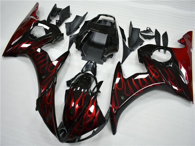 Amotopart 2003-2004 Yamaha YZF R6 Fairing Black&Red Flame Kit