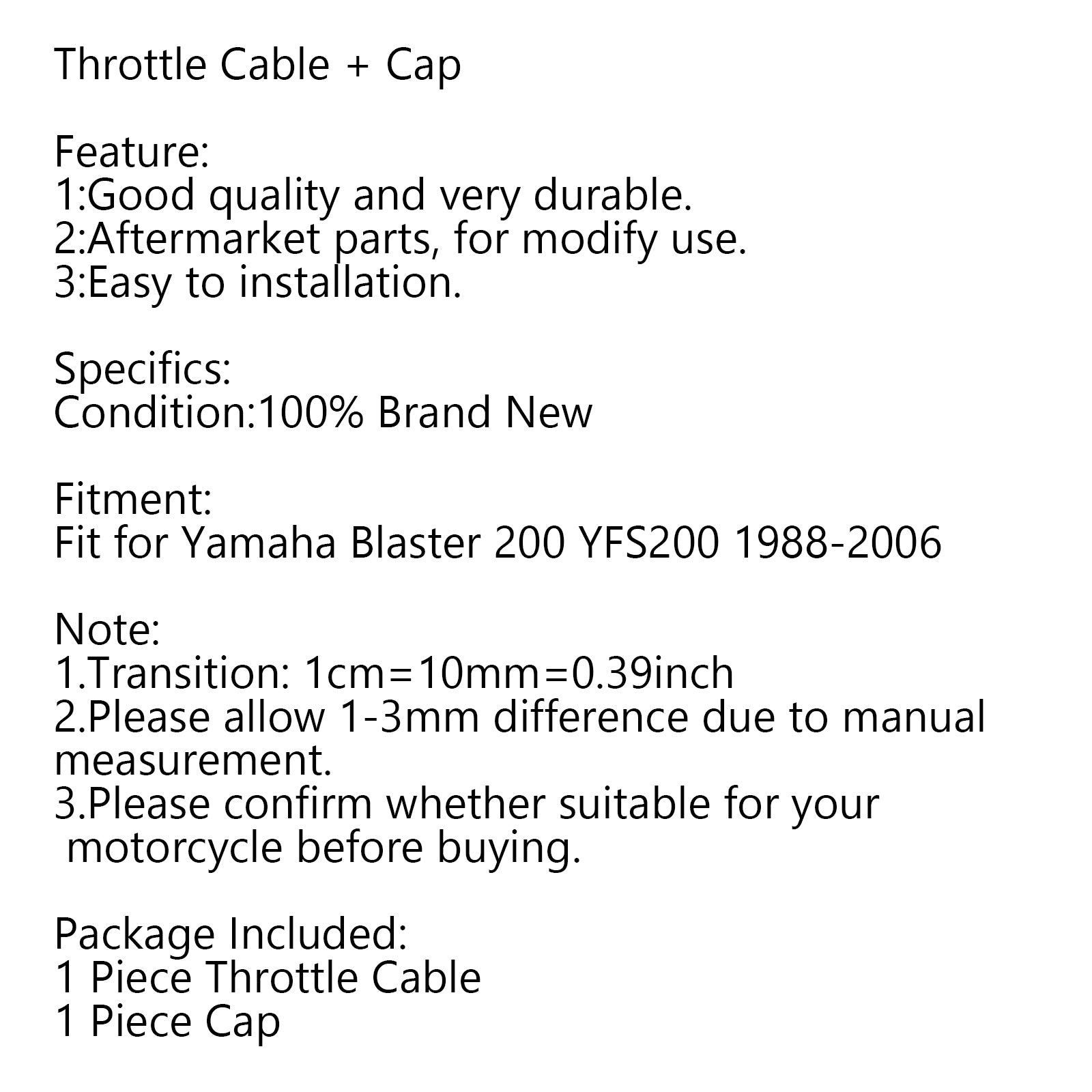 Câble d'accélérateur + capuchon pour Yamaha Blaster 200 YFS200 1988 – 2006