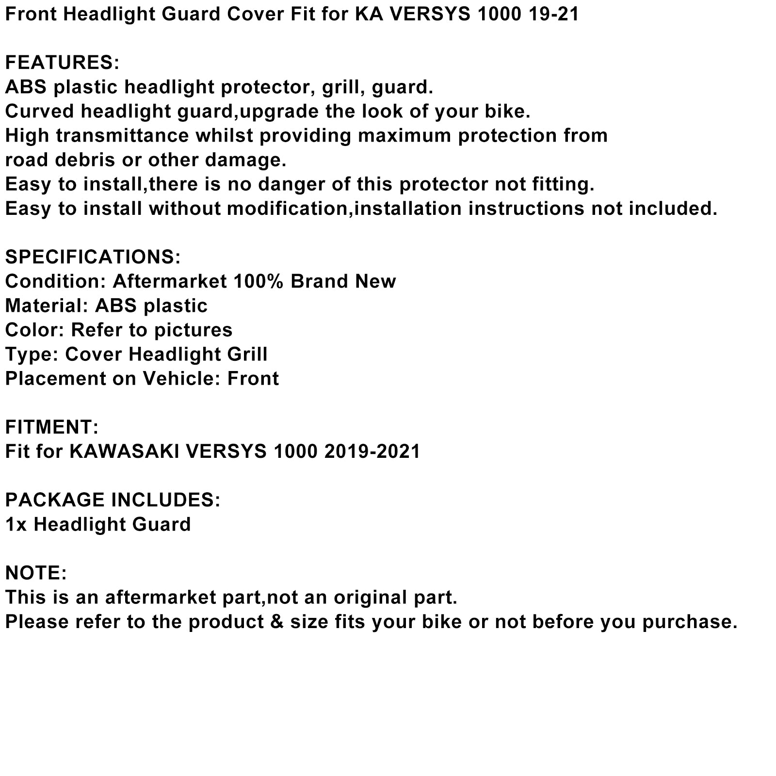 Couvercle de protection de phare avant noir, adapté à Kawasaki Versys 1000 2019-2021 2020