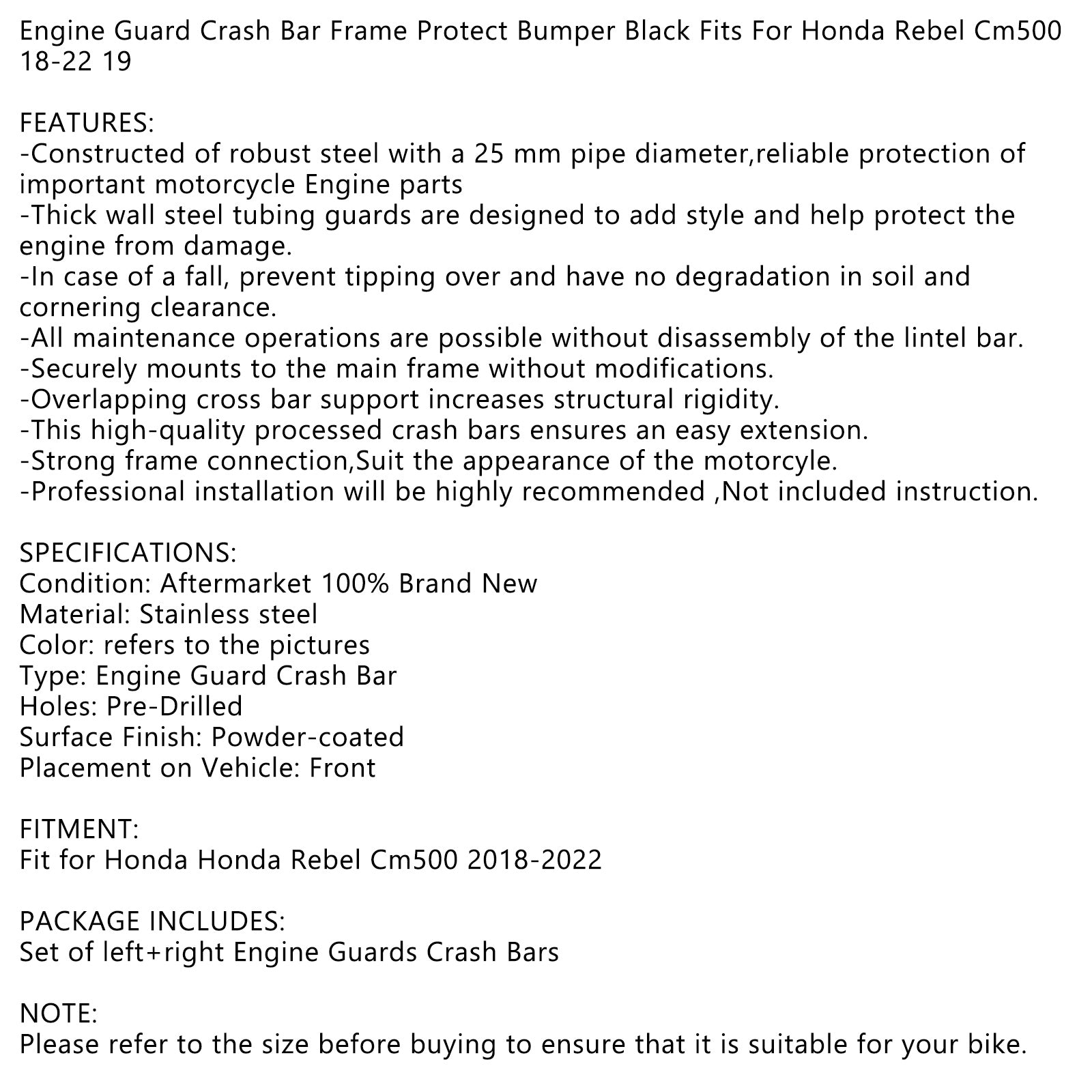 Engine Guard Crash Bar Frame Protector Bumper For Honda Rebel Cm500 18-22 19 Generic