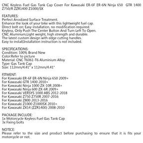 CNC Keyless Fuel Gas Tank Cap Fit for Kawasaki ZX-6R ER-6F/6N Ninja 600 650 Red