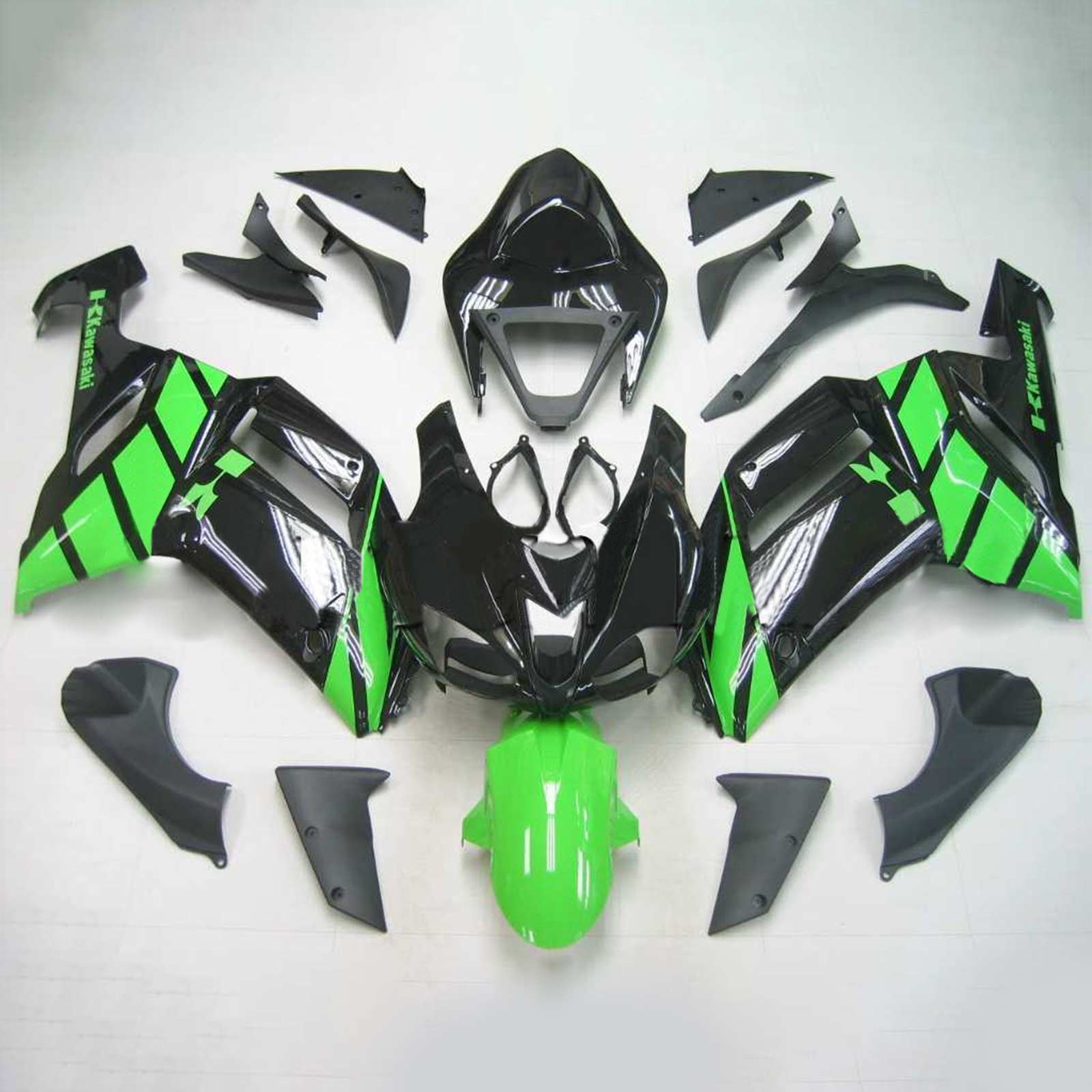 Amotopart Kawasaki 2007–2008 ZX6R 636 Schwarz Grün Verkleidungsset