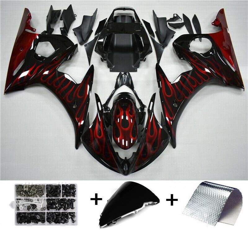 Amotopart 2003-2004 Yamaha YZF R6 Fairing Black&Red Flame Kit