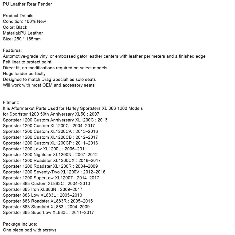 ブラック PU レザー フレーム ステッチ ソロ シート リア フェンダーよだれかけ スポーツスター 1200 883 汎用