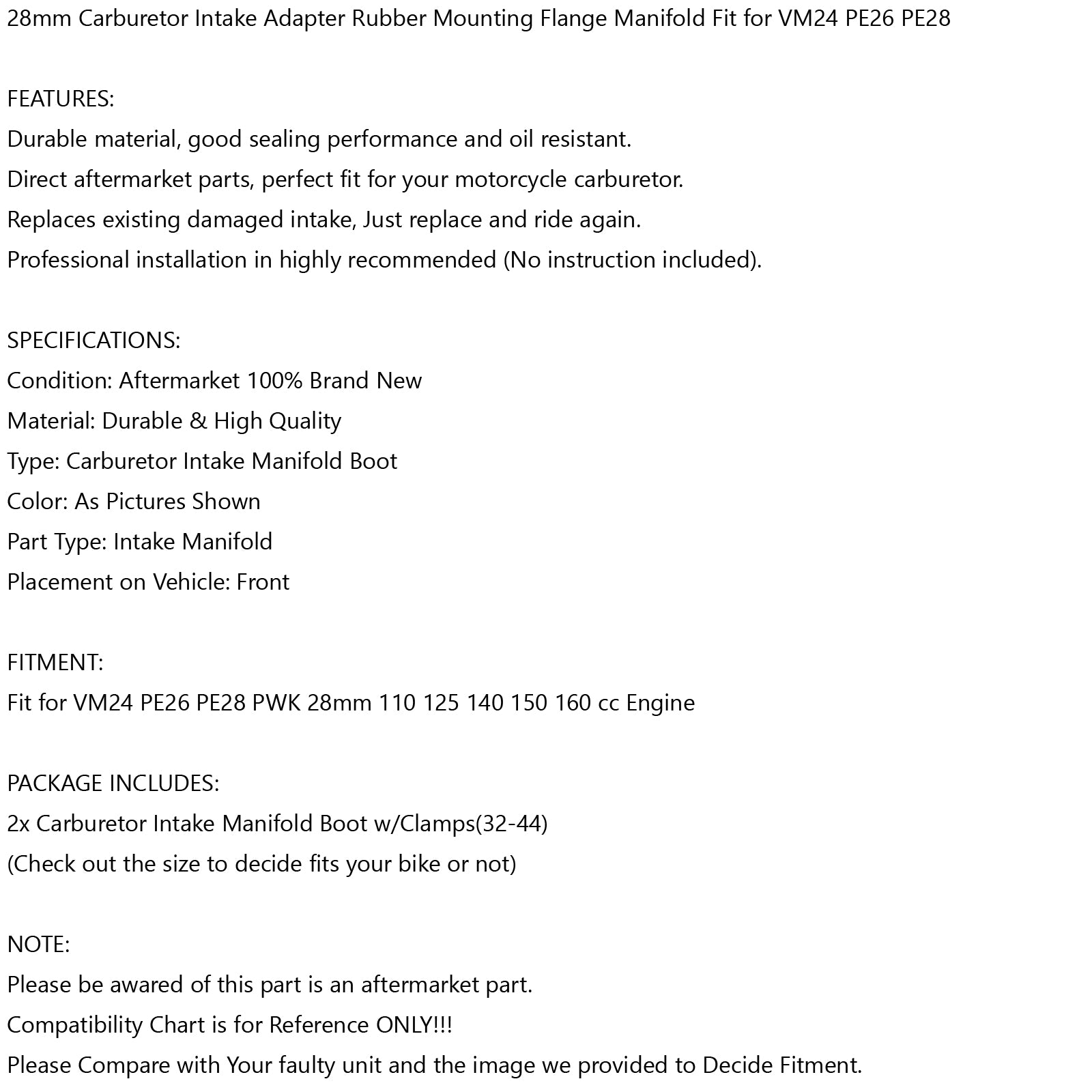 2x 28mm インテーク キャブ ブーツ フランジ マニホールド インテーク 110 125 140 150 160cc エンジン用