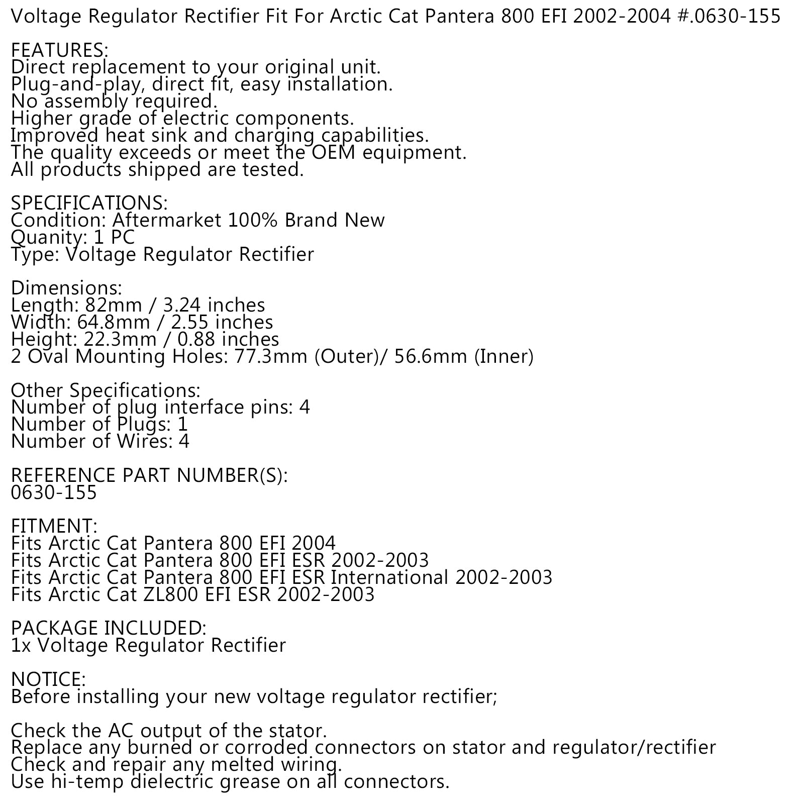 Regulator Voltage Rectifier Fit for Arctic Cat ZL800 Pantera 800 02-04 0630-155