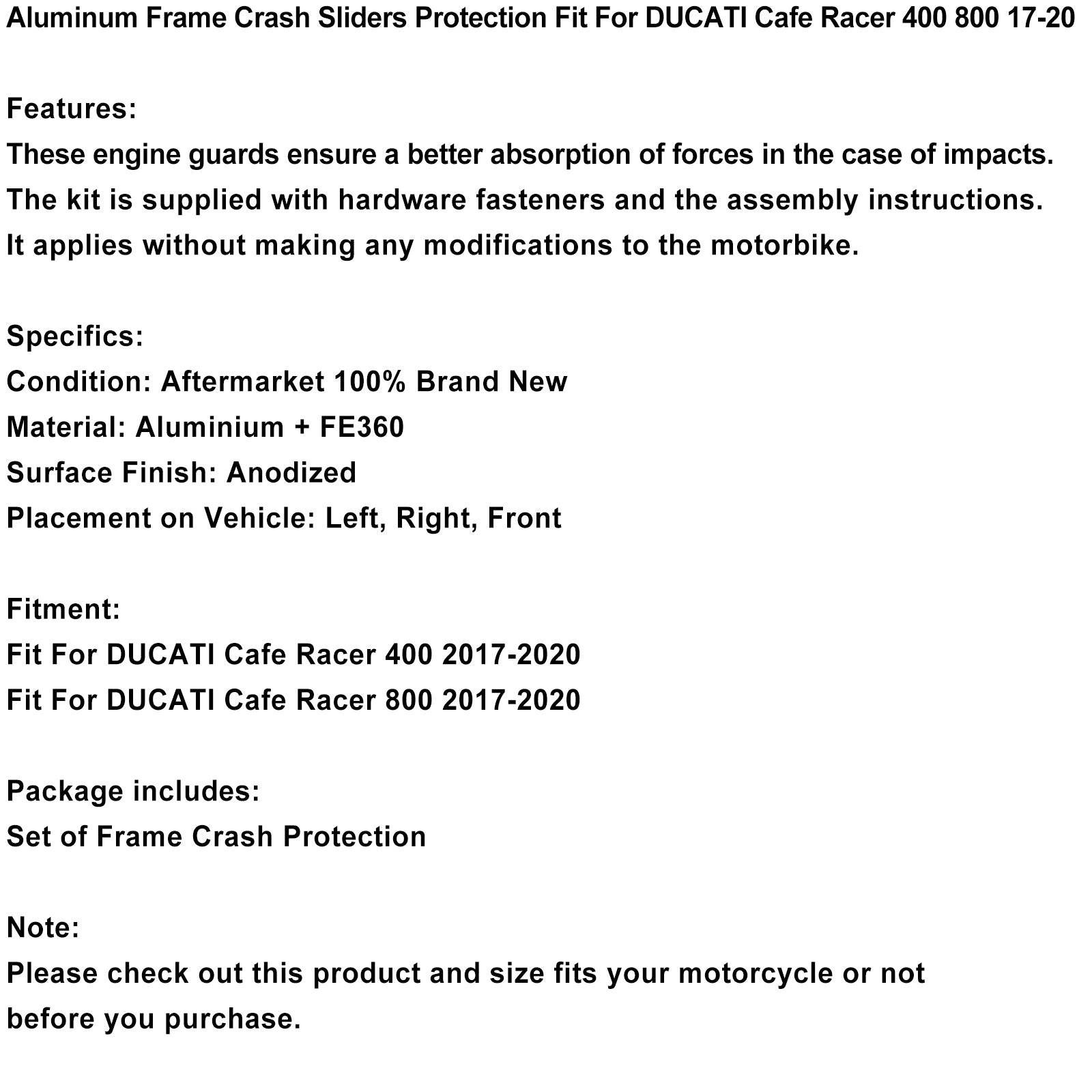 Crash Bobbins Protector Sliders Alluminio Adatto per Ducati Cafe Racer 400 800 17-20 Generico