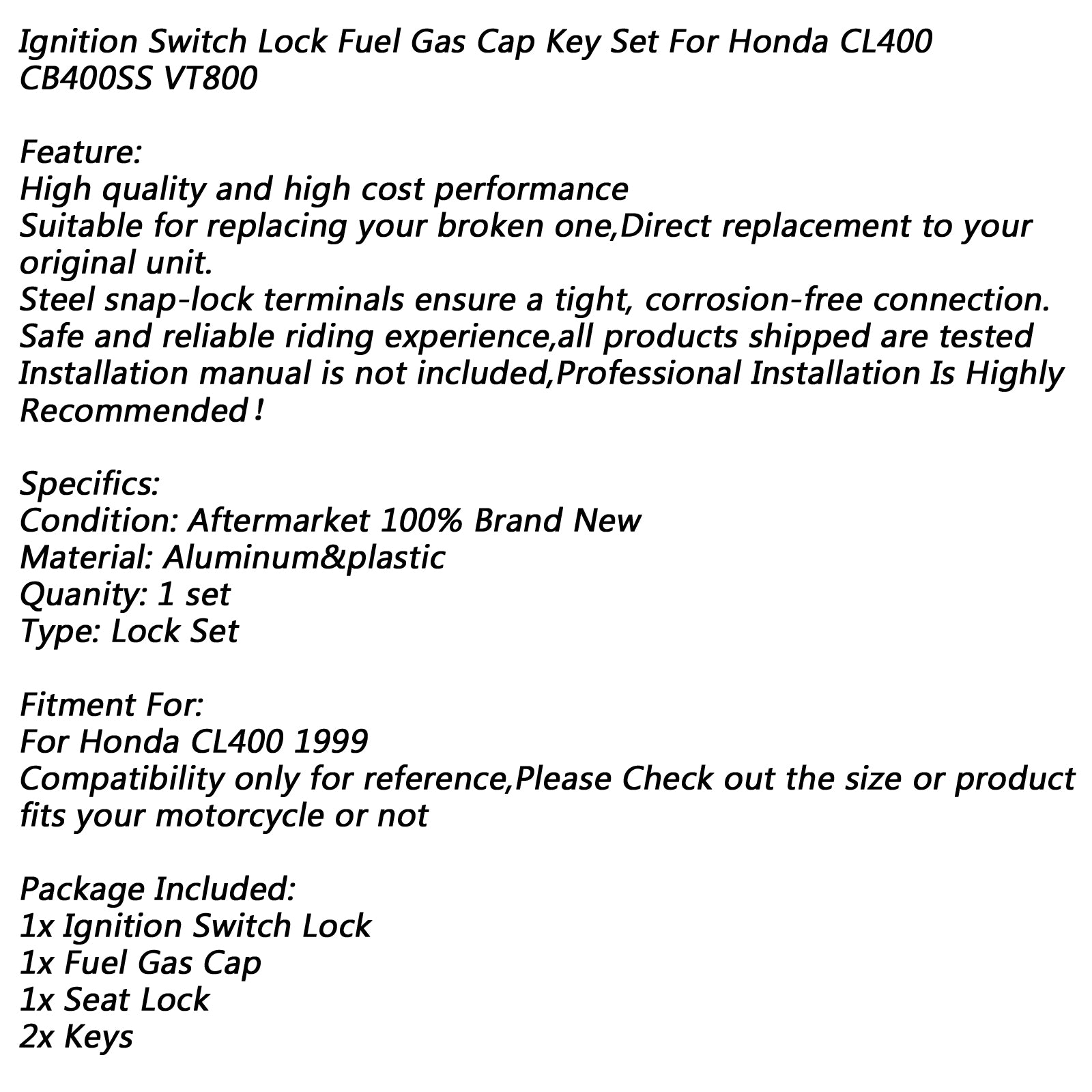 Zündschlossschloss, Kraftstofftankdeckel, Sitz, Helmschloss, Schlüsselsatz für Honda CL400 1999