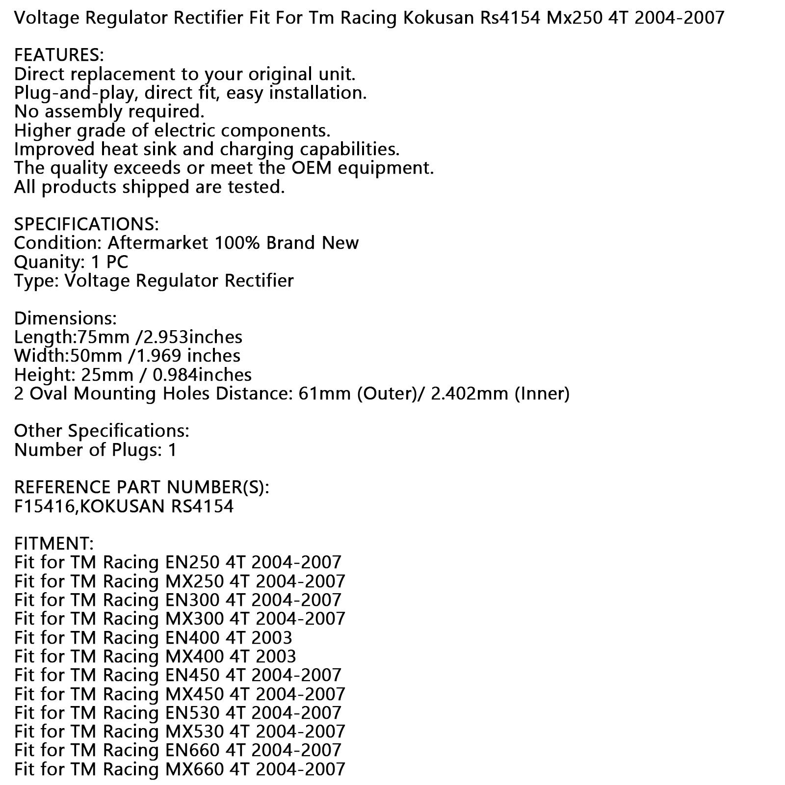 Rectificador regulador de voltaje apto para Tm Racing Kokusan Rs4154 Mx250 4T 2004-2007
