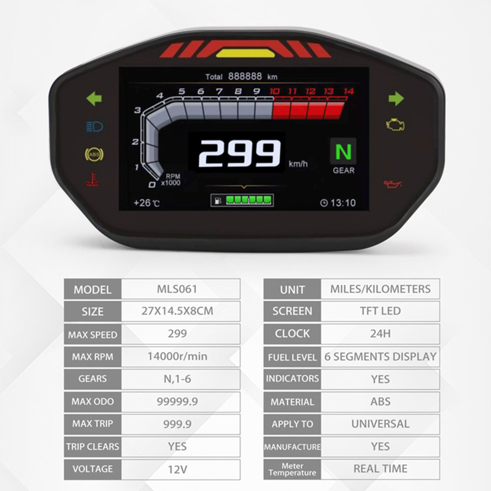 Speedpark Motorrad LCD TFT Digital Tachometer 14000 U / min 6 Gang