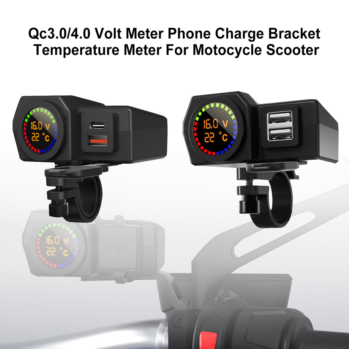 Misuratore di temperatura della staffa di ricarica del telefono Qc3.0 Voltmetro per scooter da moto NeroB generico