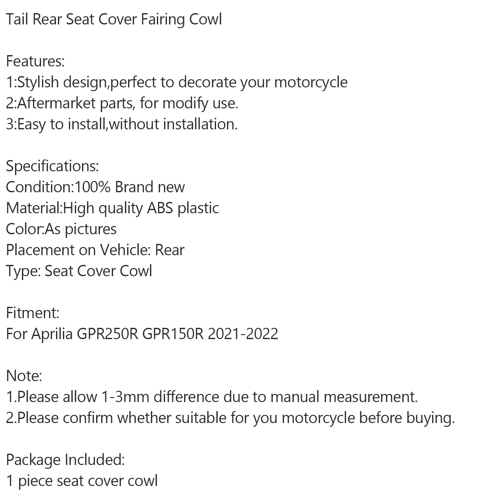 Coda Coprisedile posteriore Carenatura Cowl per Aprilia GPR250R GPR150R 2021-2022