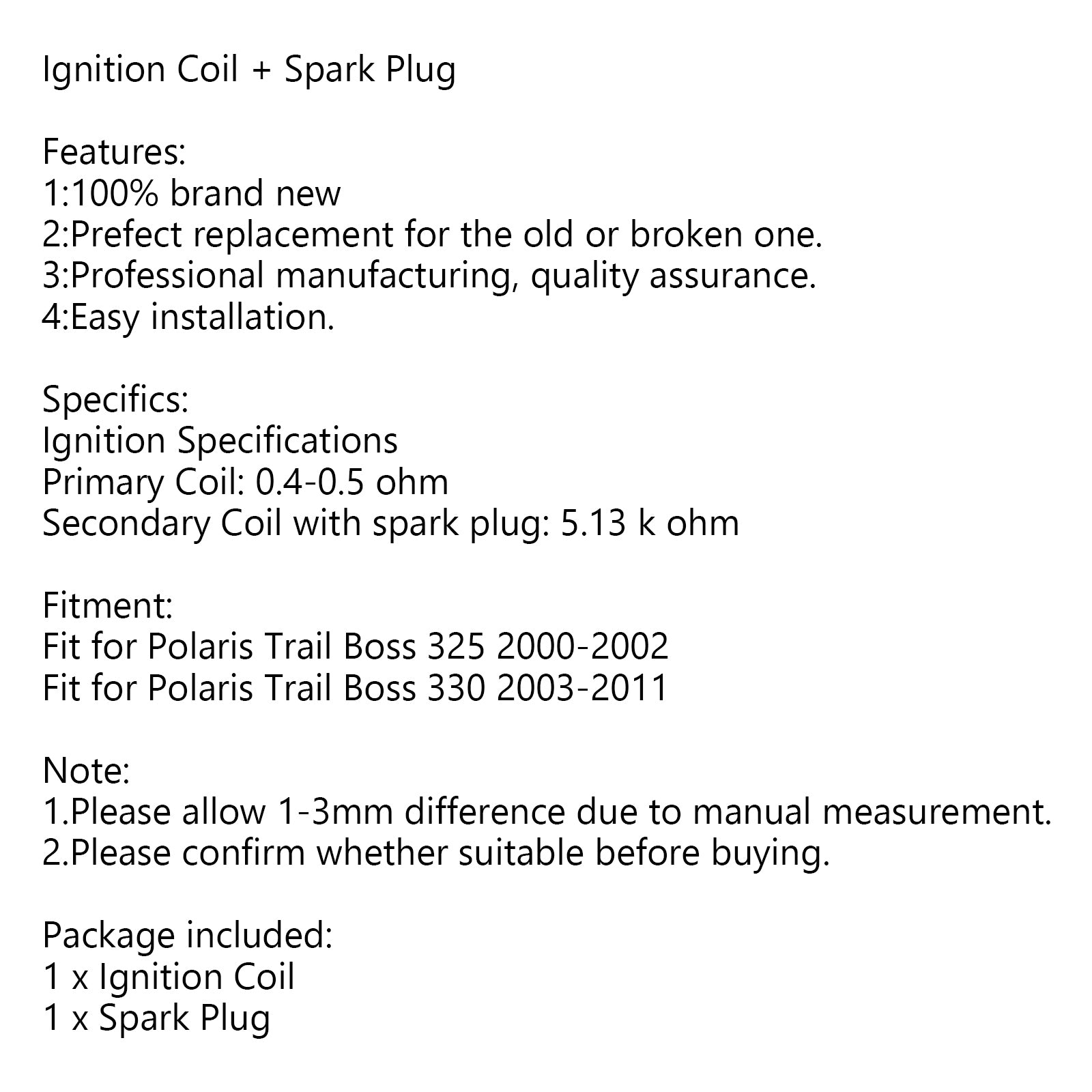 Ignition Coil + Spark Plug fit for Polaris ATV Trail Boss 325 330 31401-40F00