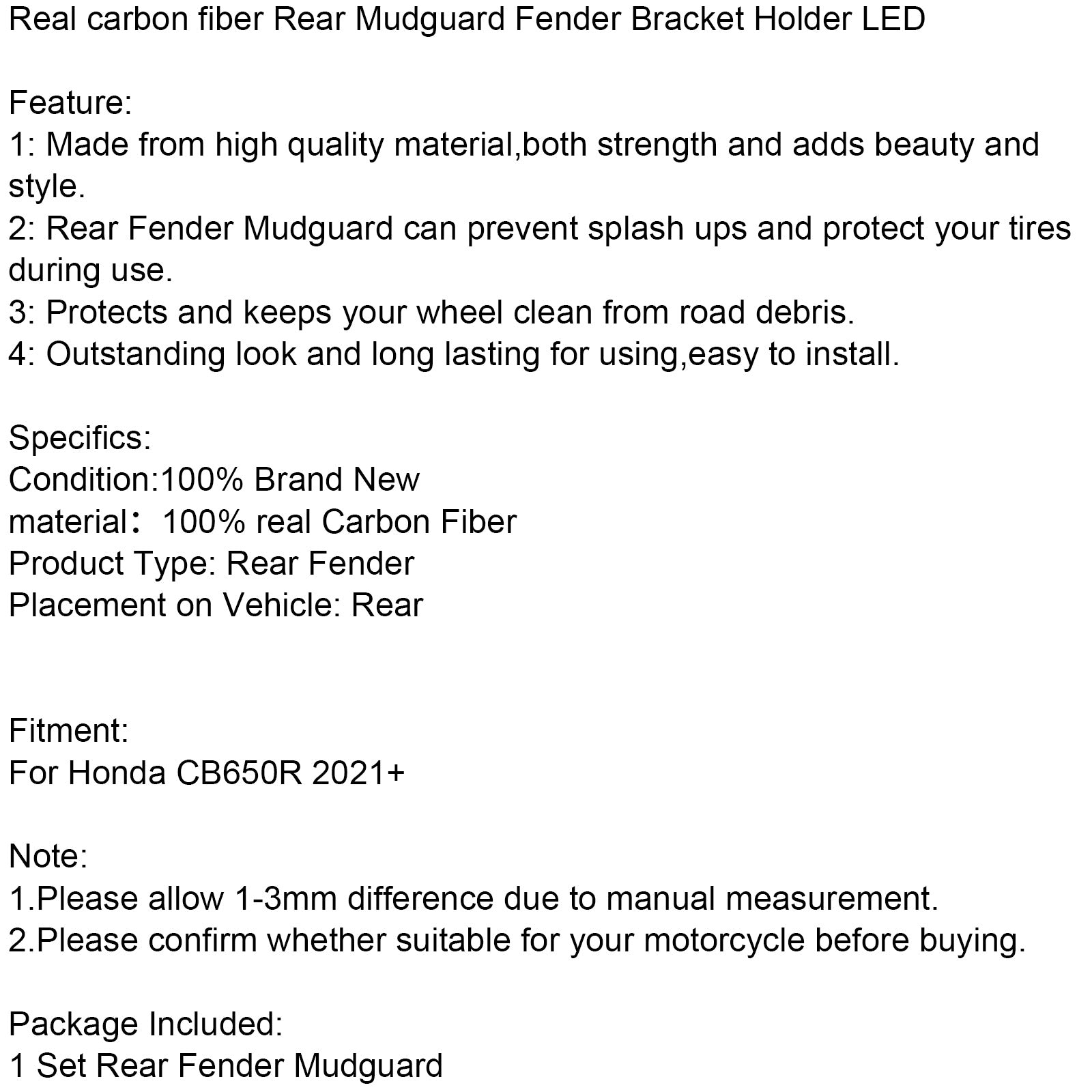 Echtkarbonfaser-Schutzblech-Halterung für hinteren Kotflügel, LED, für Honda CB650R 2021+ Generic