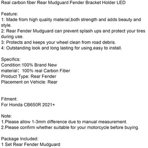 Real Carbon Fiber Rear Mudguard Fender Bracket Holder LED for Honda CB650R 2021+ Generic
