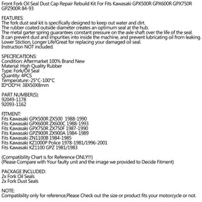Kit Parapolvere Olio Forcella per Kawasaki GPX GPZ ZN KZ 92049-1178,92093-1162 Generico