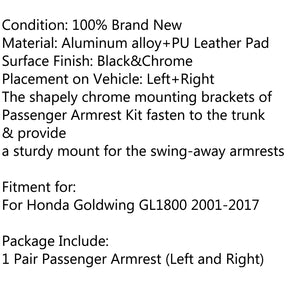 1Pair Adjustable Passenger Armrests Kit for Honda GL1800 Goldwing 2001-2017 Generic