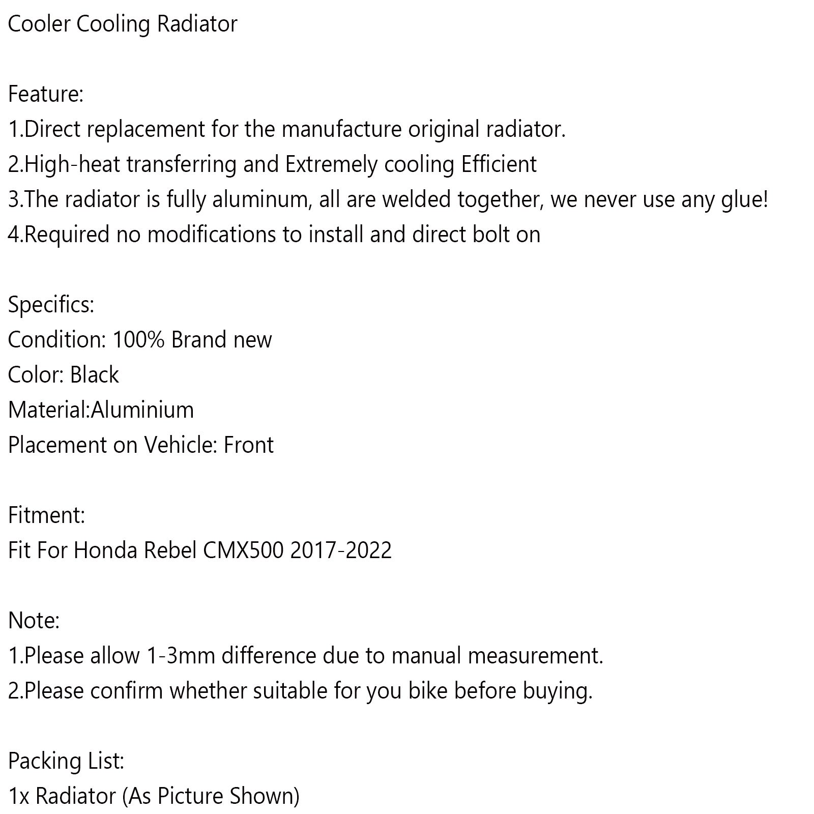 Kühlerkühlung, Kühler, passend für Honda Rebel CM 500 CMX500 2017–2022