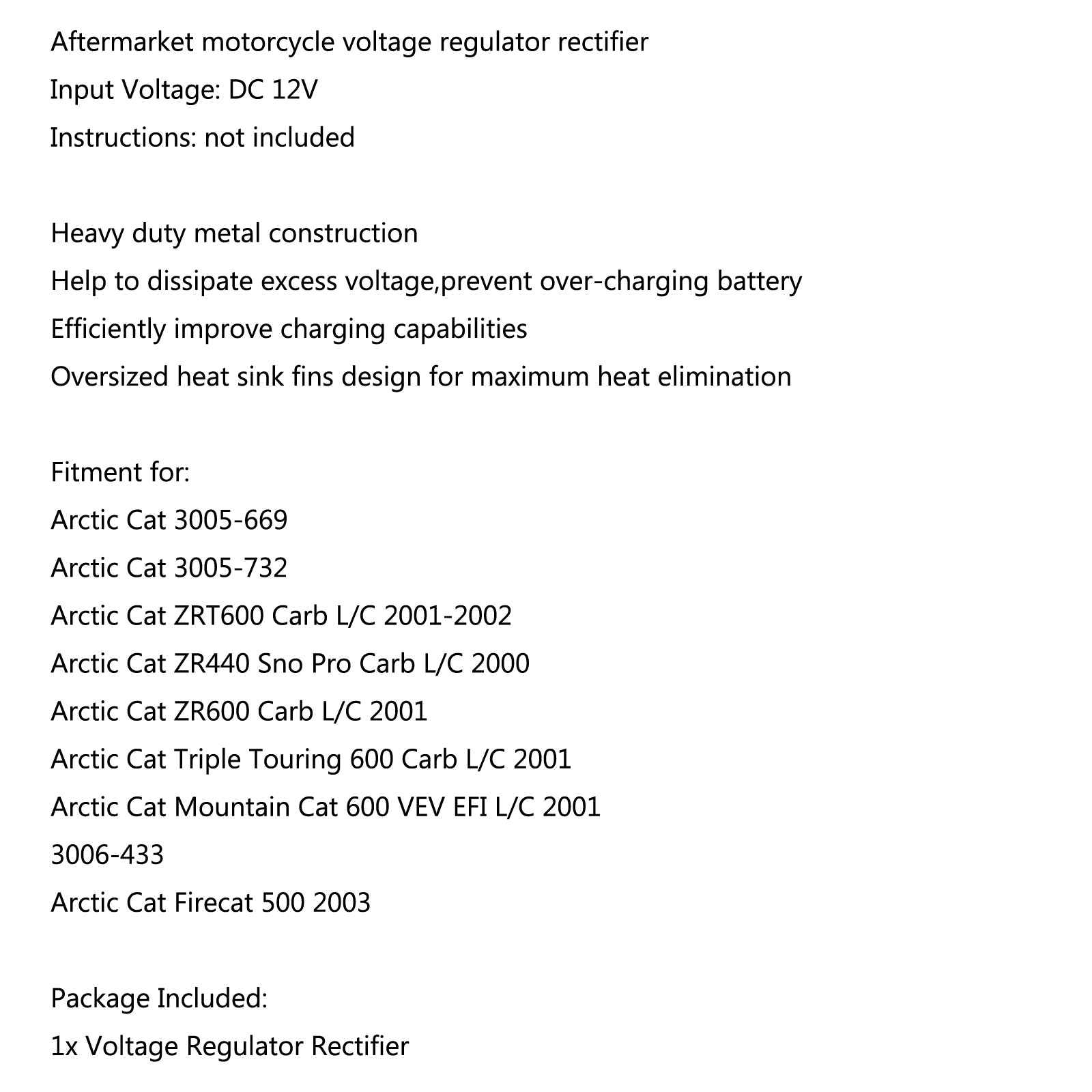 Voltage Regulator Rectifier For Arctic Cat ZR440 Sno Pro Carb L/C 2000