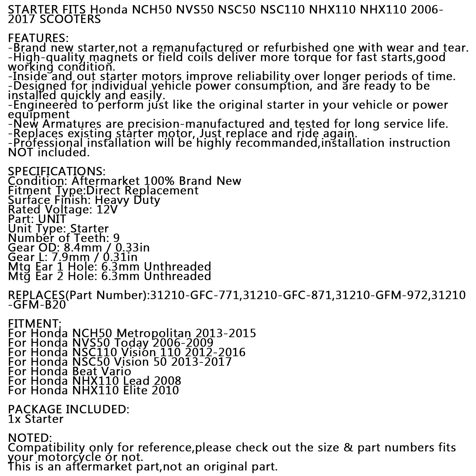 New Starter 9-Tooth For Honda NCH50 Metropolitan NVS50 NSC50 NSC110 NHX110