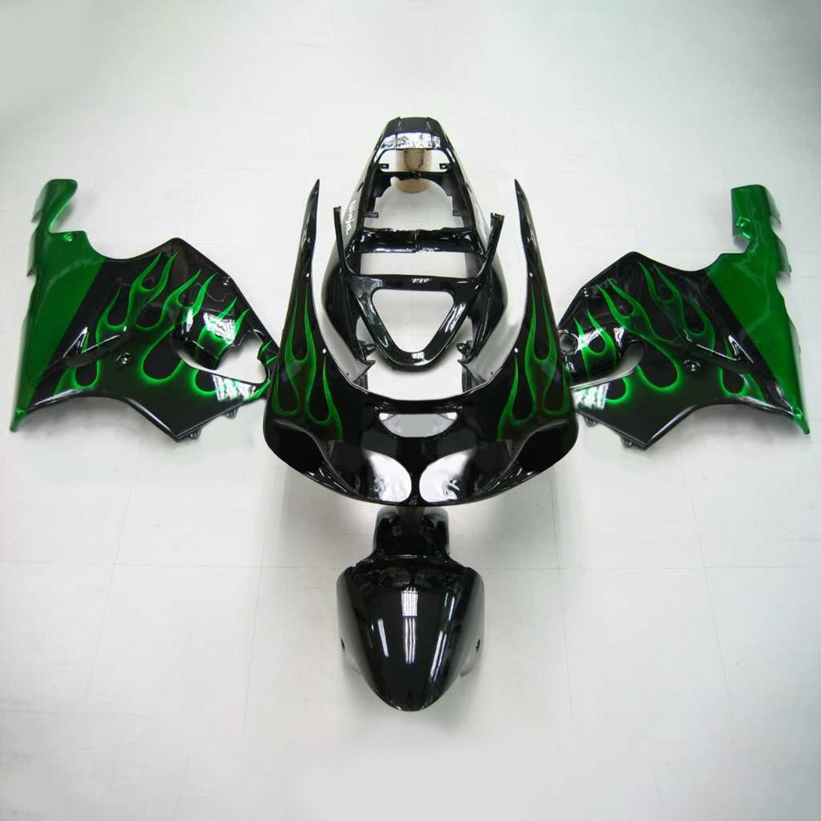 Amotopart 1996-2003 Kawasaki ZX7R Black&Green Fire Fairing Kit