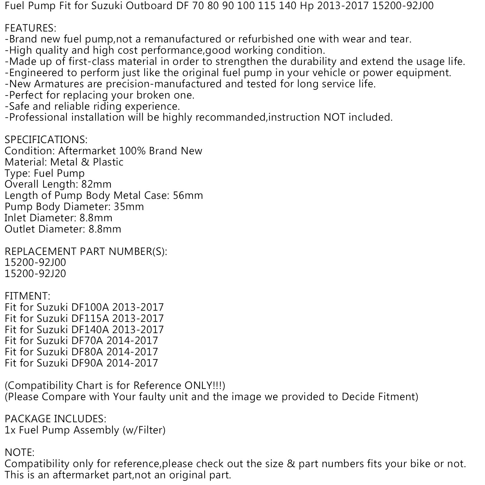 Fuel Pump Fit for Suzuki Outboard DF70A DF80A DF90A DF100A DF115A DF140A 13-17 Generic