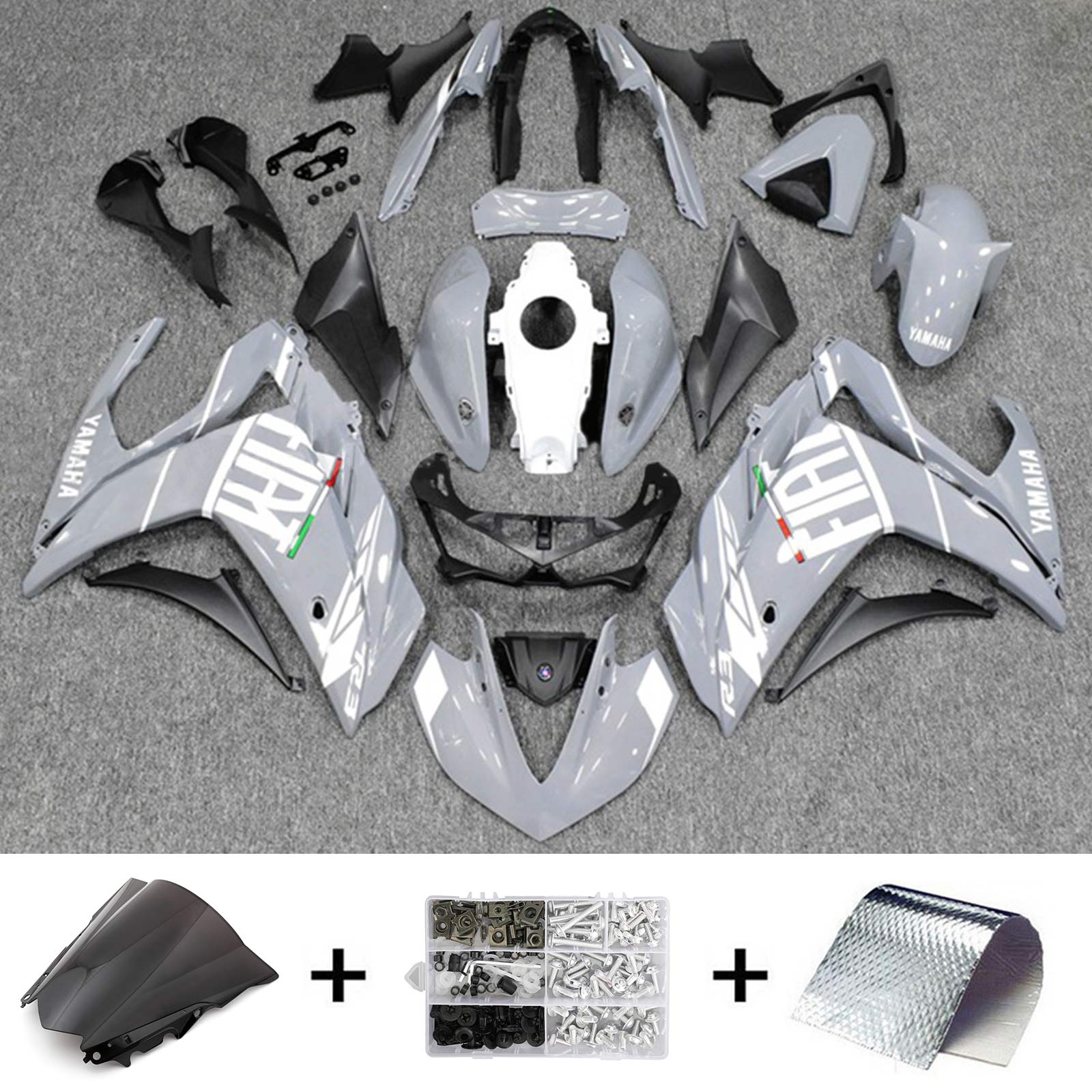 Amotopart フェアリングキット ヤマハ 2014-2018 YZF R3 & 2015-2017 YZF R25 ブラックグレー 
 ホワイトフェアリングキット