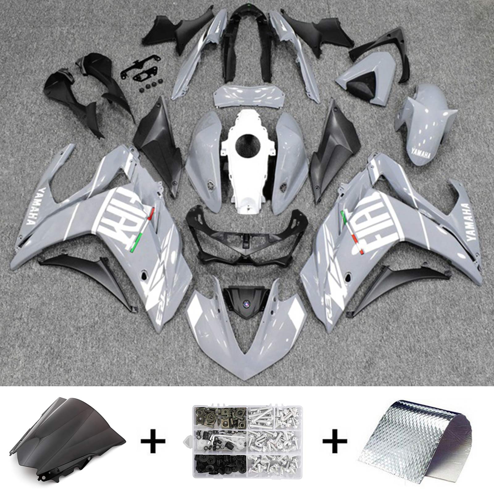 Amotopart Fairing Kit Yamaha 2014-2018 YZF R3 & 2015-2017 YZF R25 Black Gray 
 White Fairing Kit