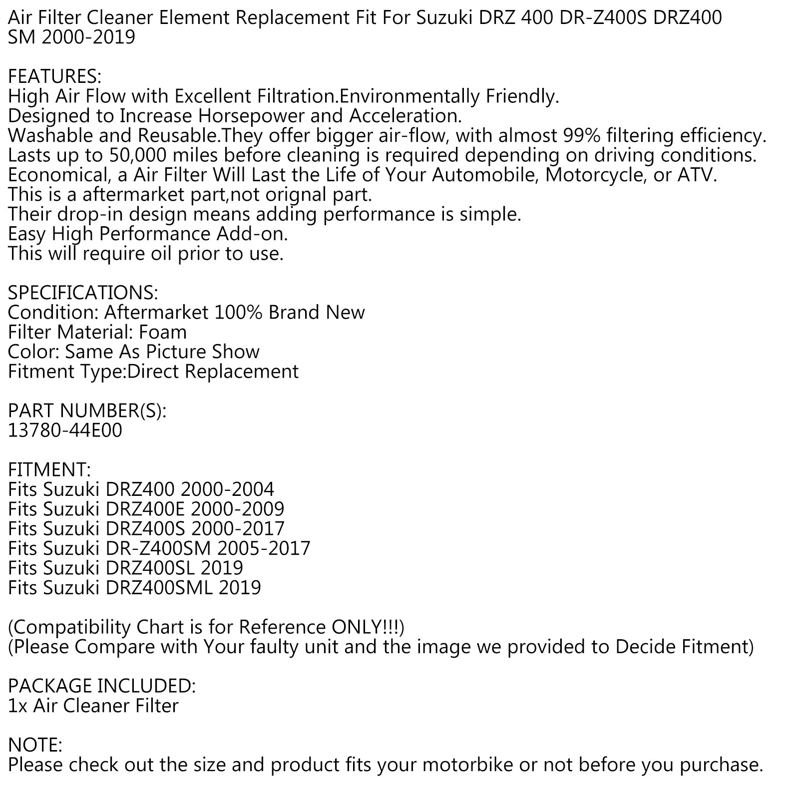 Ensemble de filtre à Air pour Suzuki DR-Z400S DRZ400E DRZ400SM DRZ400SL 00-19 13780-44E00