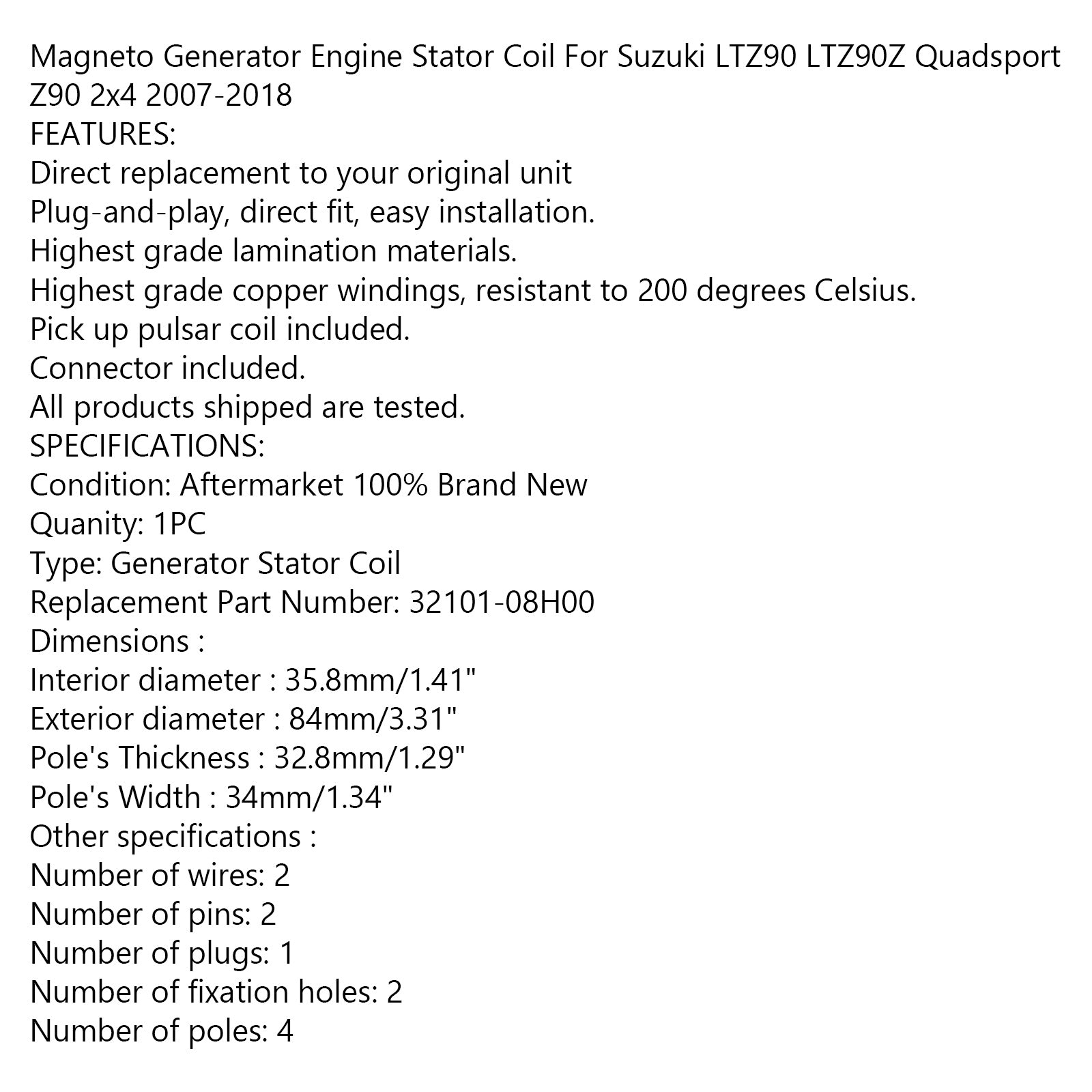 発電機ステータスズキ LTZ90 LTZ90Z Quadsport Z90 2x4 07-18 32101-08H0