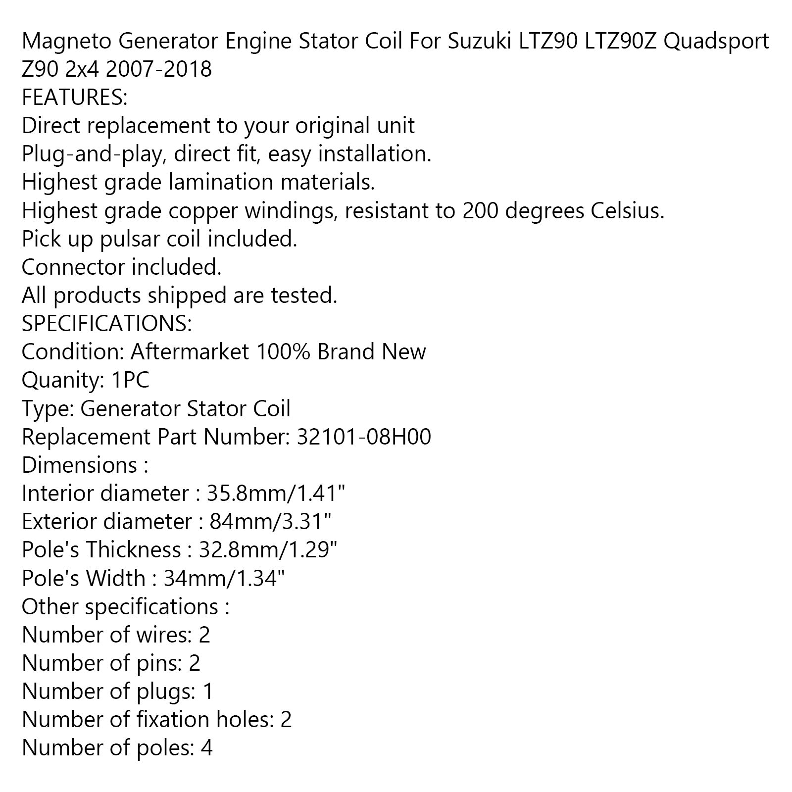 Generatorstator für Suzuki LTZ90 LTZ90Z Quadsport Z90 2x4 07-18 32101-08H0