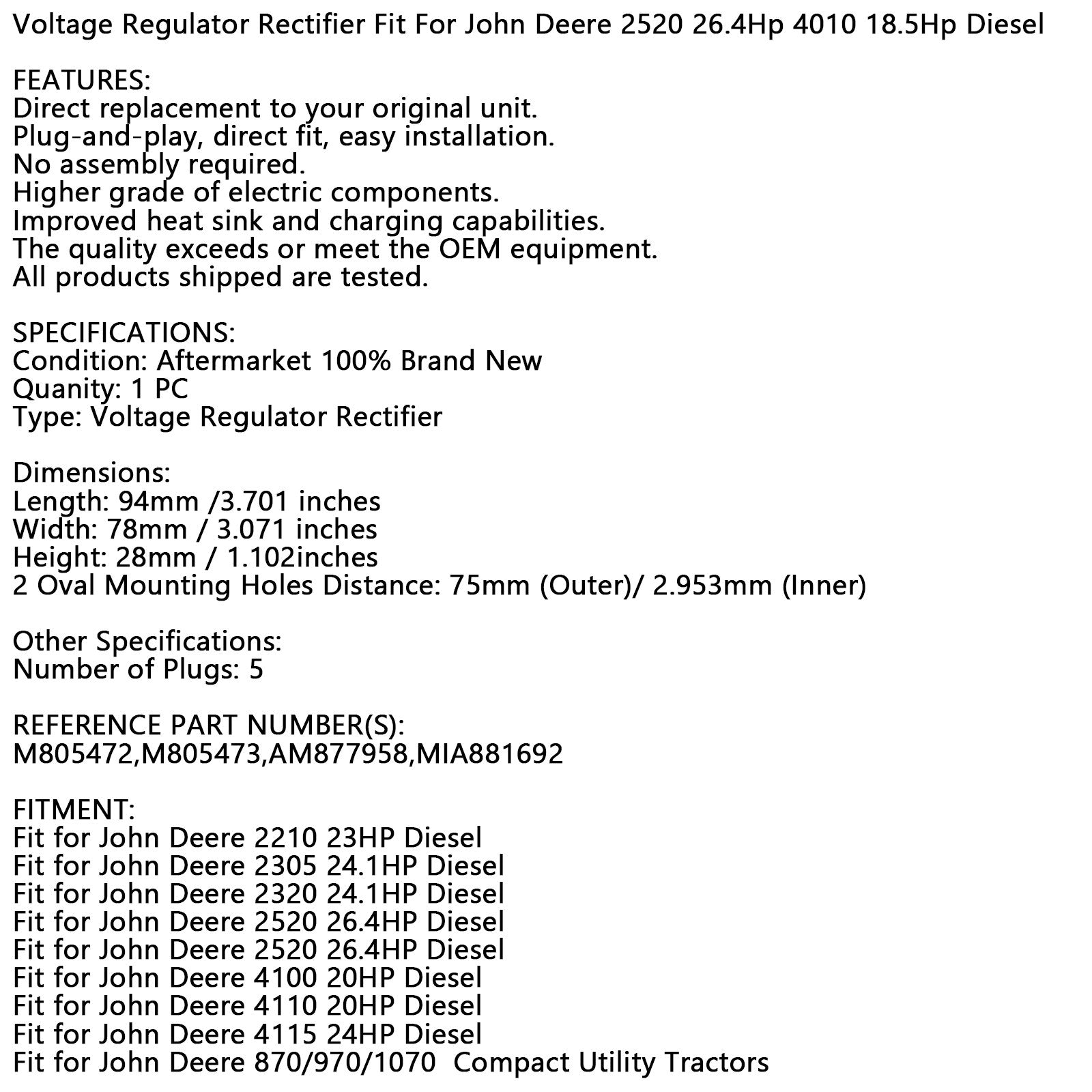 Spannungsregler-Gleichrichter, passend für John Deere 2520 26,4 PS, 4010 18,5 PS Diesel