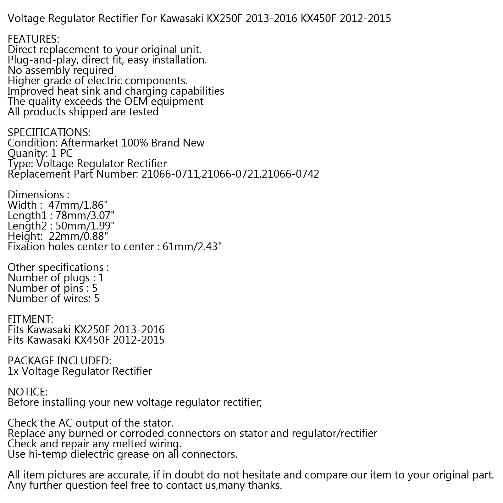 Rectificador regulador de voltaje apto para Kawasaki KX250F 2013-2016 KX450F 2012-2015