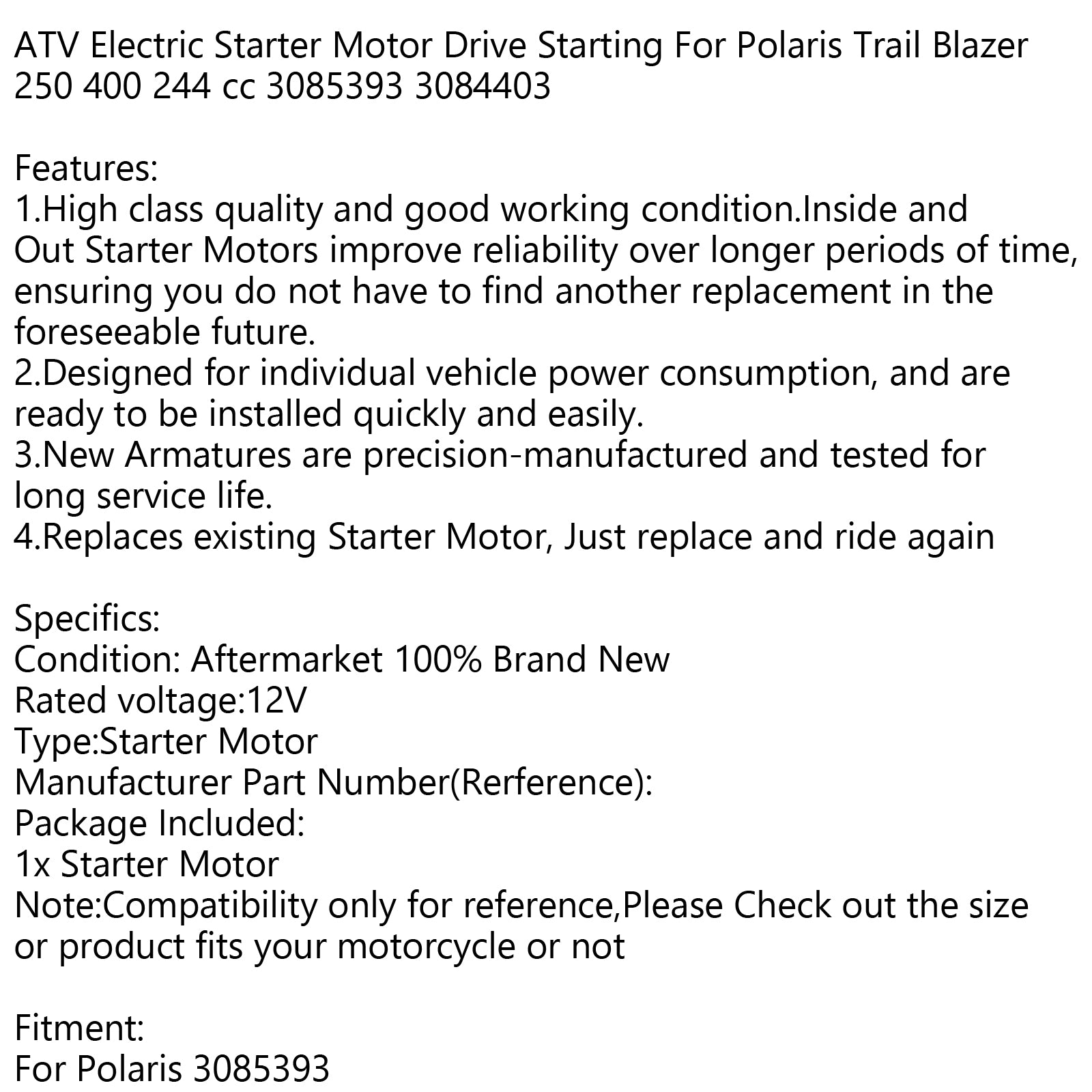 Motorino di avviamento ATV per Polaris Trail Blazer 250 400 244 cc 3085393 3084403
