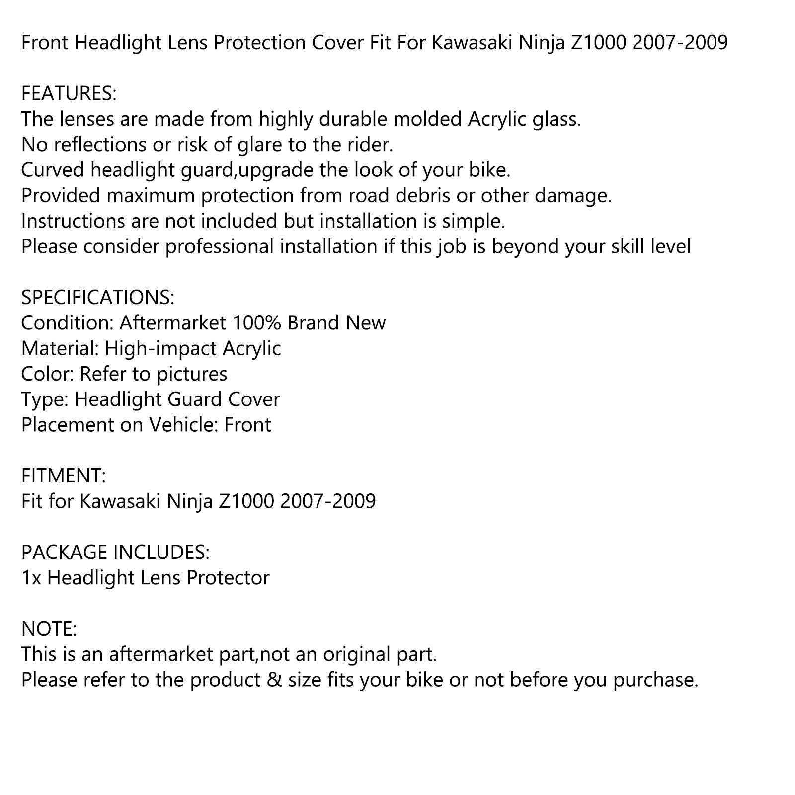 Coperchio di protezione della lente del faro anteriore adatto per Kawasaki Ninja Z1000 07-09 Blu generico