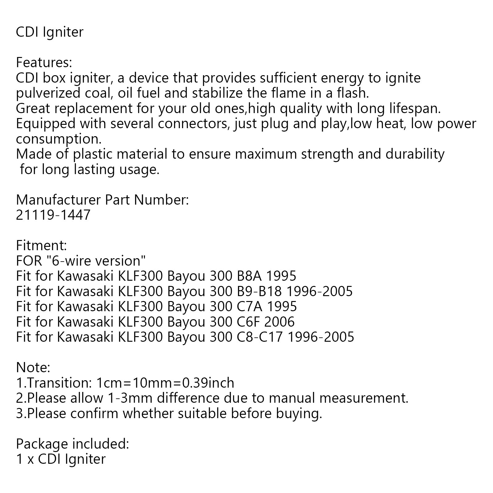 CDI BOX Igniter for Kawasaki KLF300 Bayou B8A B9-B18 C7A C6F C8-C17 21119-1447