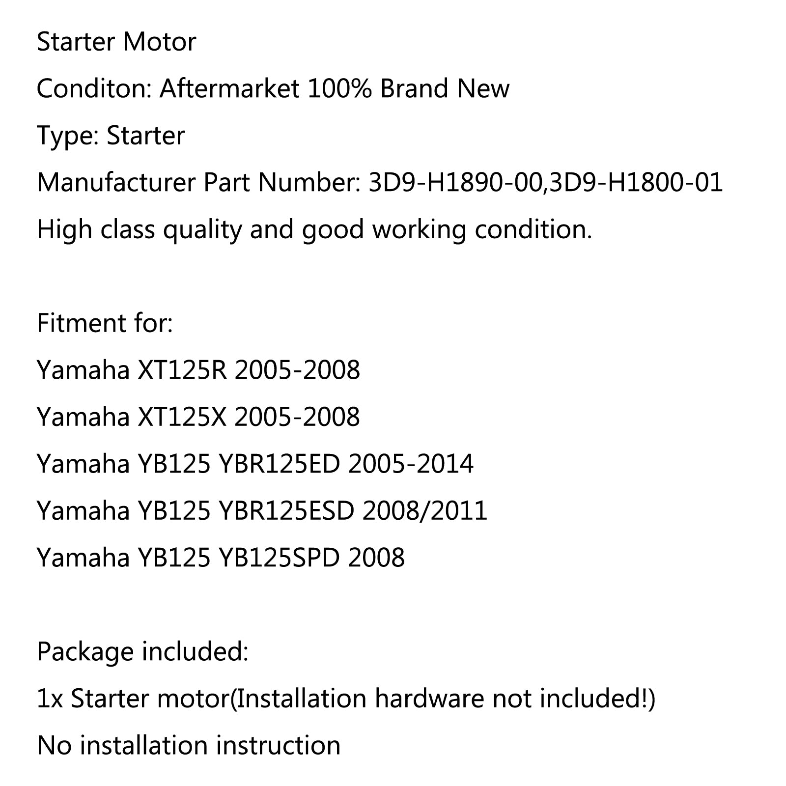Motor Starter For Yamaha XT125R 05-08 YB125 YBR125ED 05-14 YBR125ESD 2008/2011