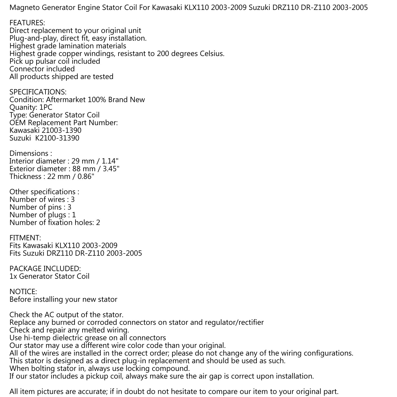 Magneto Generator Stator Coil For Kawasaki KLX110 03-09 Suzuki DRZ110 2003-05 via fedex