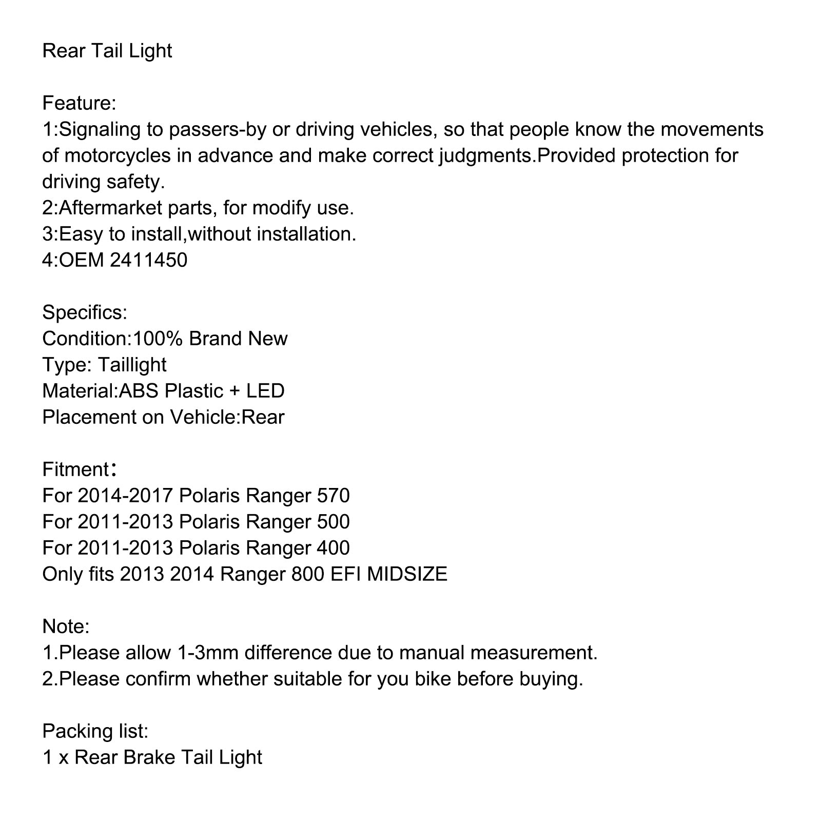 UTV Rear Tail Light 2411450 For Polaris Ranger 400 500 570 800 2011-2017 Generic
