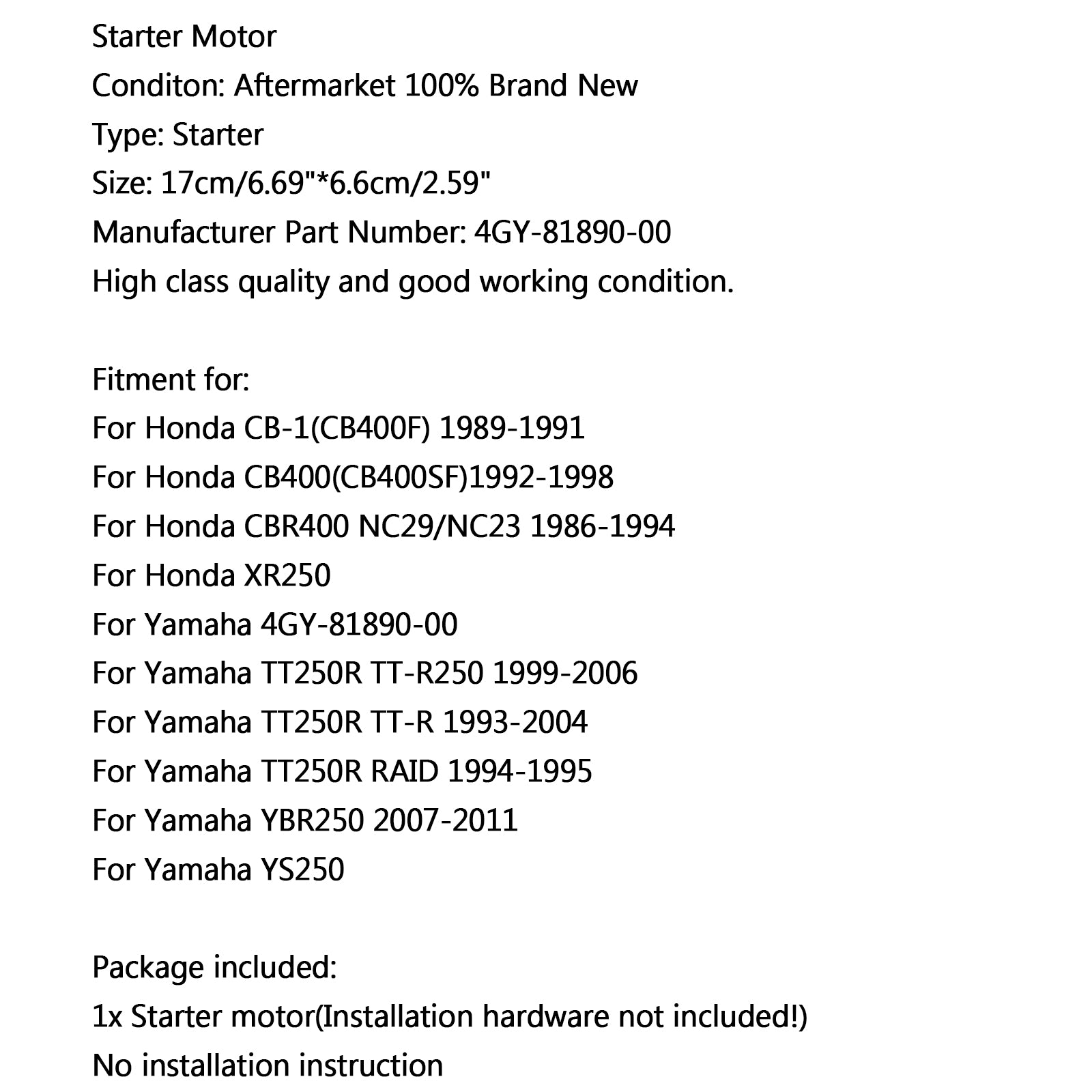Avviamento motore per Honda CB-1 CB400F 89-91 CB400 92-98 CBR400 NC29 XR250 86-94