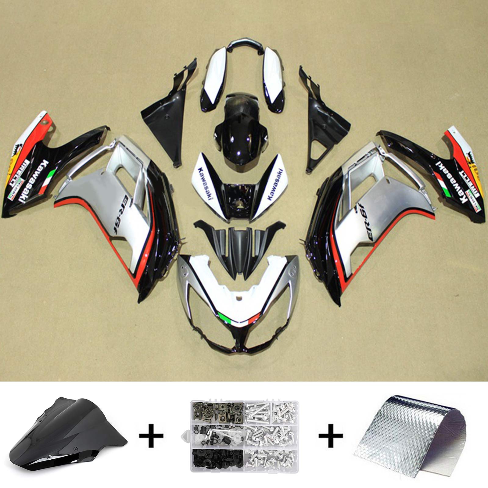 Amotopart 2012-2016 Kawasaki Ninja 650 Kit de carenado negro gris