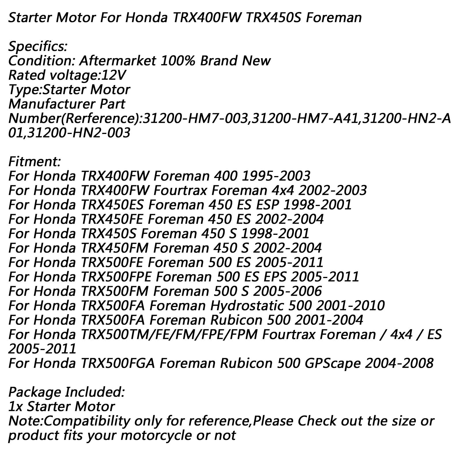 Motorino di Avviamento Elettrico per Honda TRX 400FW Fourtrax Foreman 400 500 1995-2003