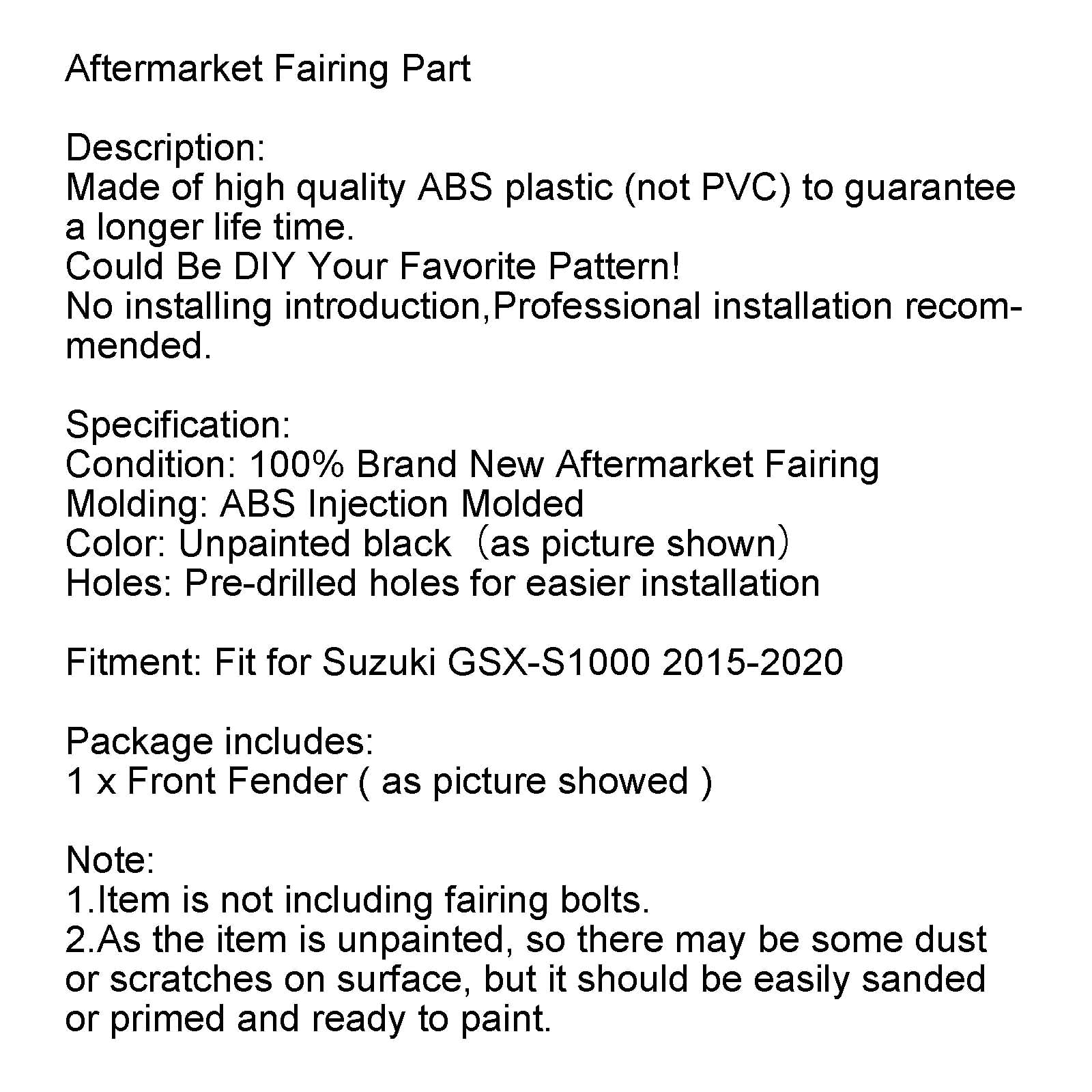 Carenatura parafango parafango anteriore in ABS non verniciato per Suzuki GSX-S 1000 2015-2020