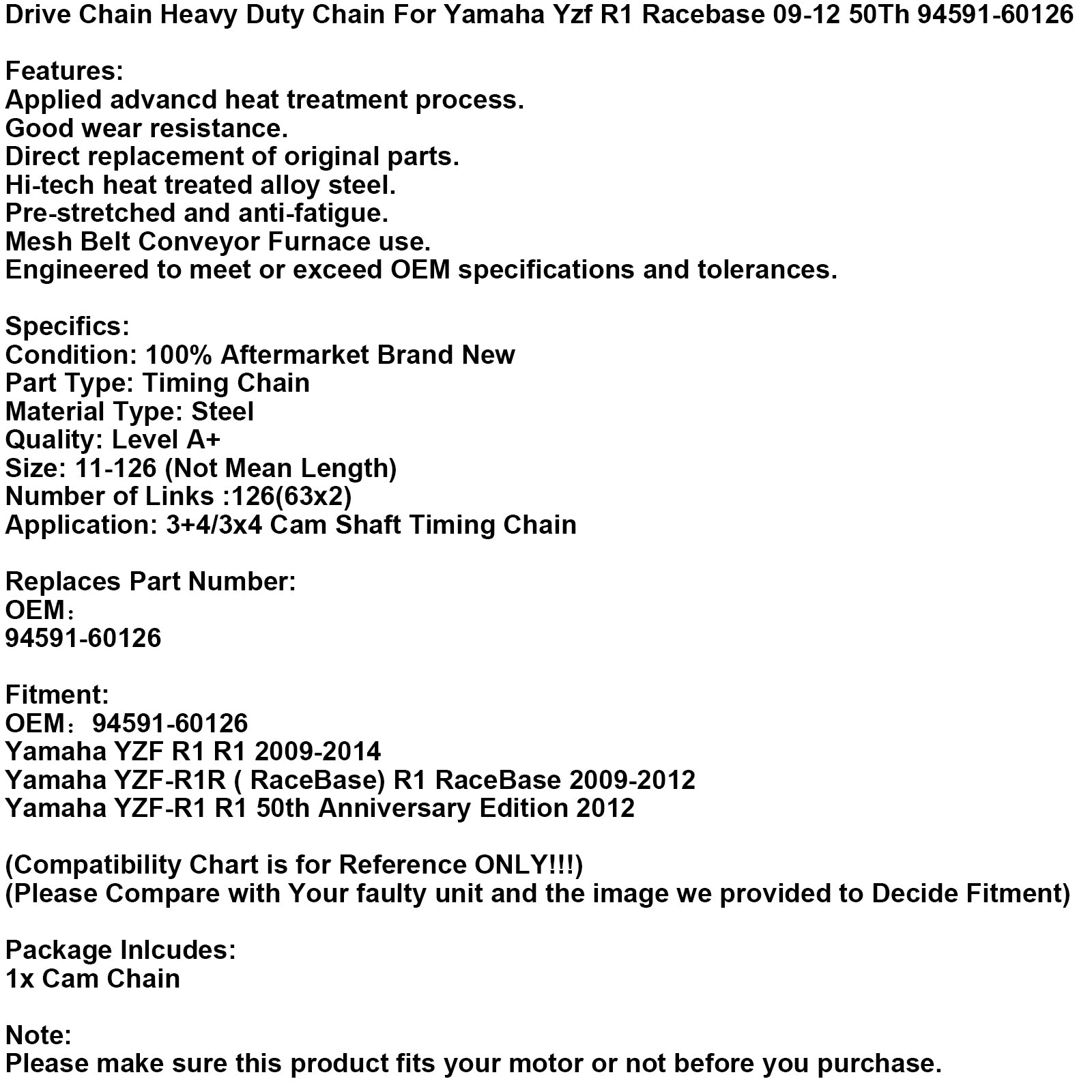 ドライブチェーンヘビーデューティチェーンヤマハ Yzf R1 レースベース 09-12 50Th 94591-60126 ジェネリック