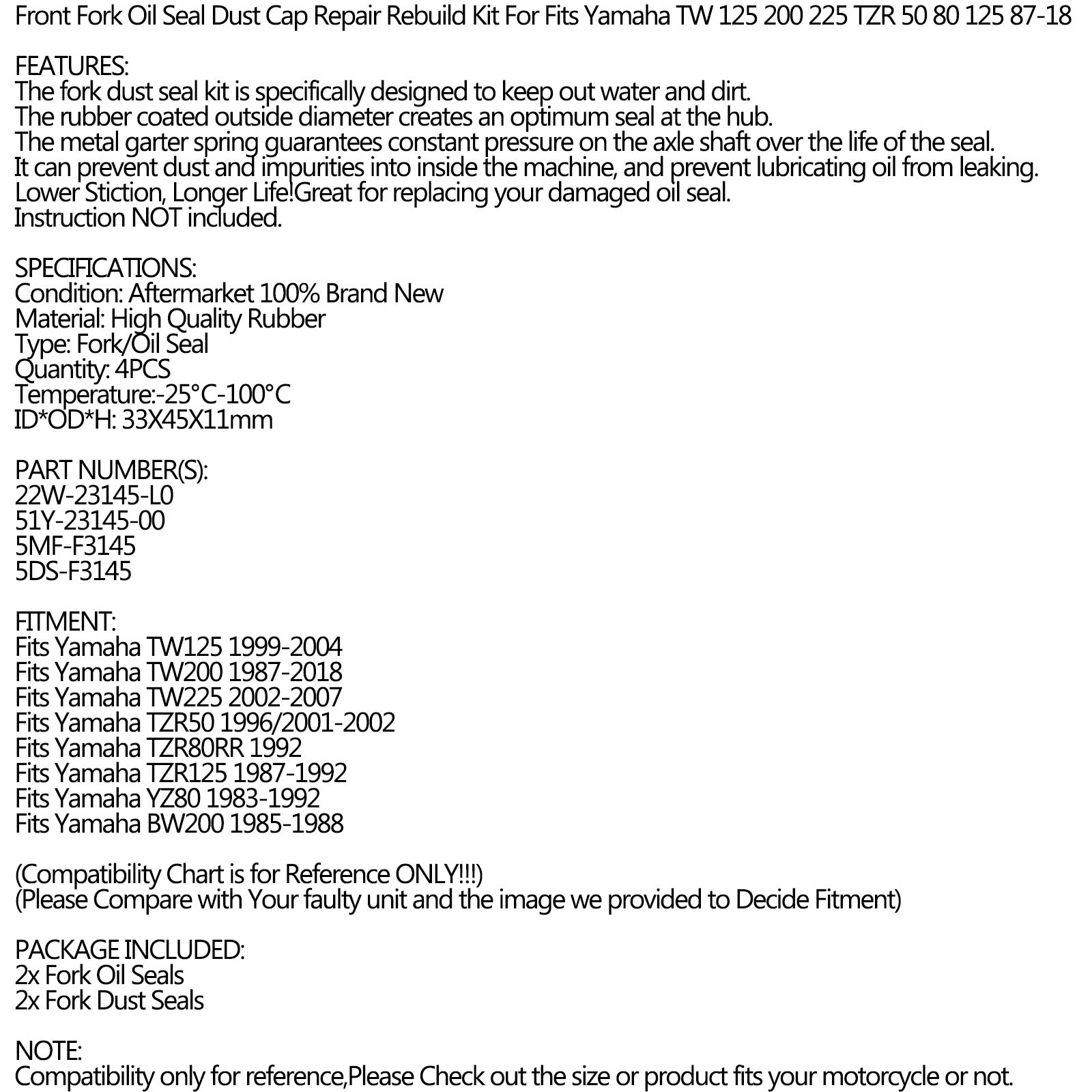 Fork Seal Dust Kit for Yamaha YZ80 BW200 TW225 TW200 TW125 TZR50 TZR125 83-18