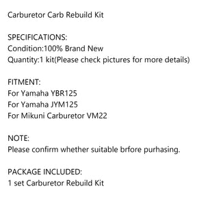 Motorcycle Carburetor Repair Kit For Yamaha YBR125 JYM125 For Carburetor VM22