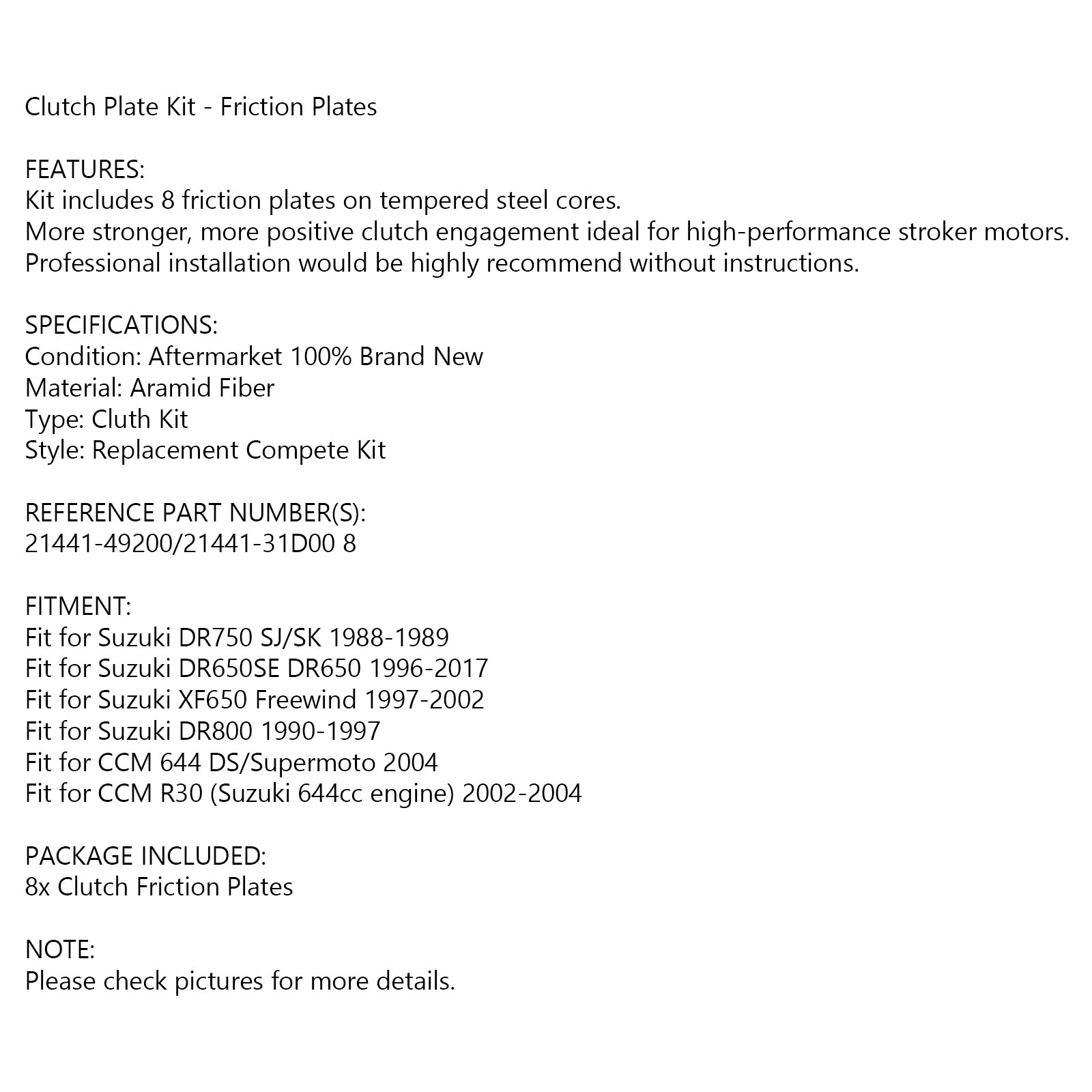 Clutch Friction Plate Kit Set For Suzuki DR750 SJ/SK DR650 DR800 CCM 644 R30