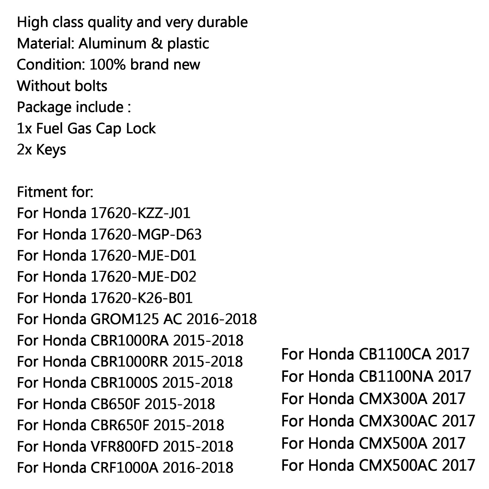 Fuel Gas Tank Cap Keys For Honda Rebel CMX300 CMX500 CB1100 CRF1000 VFR800 15-18