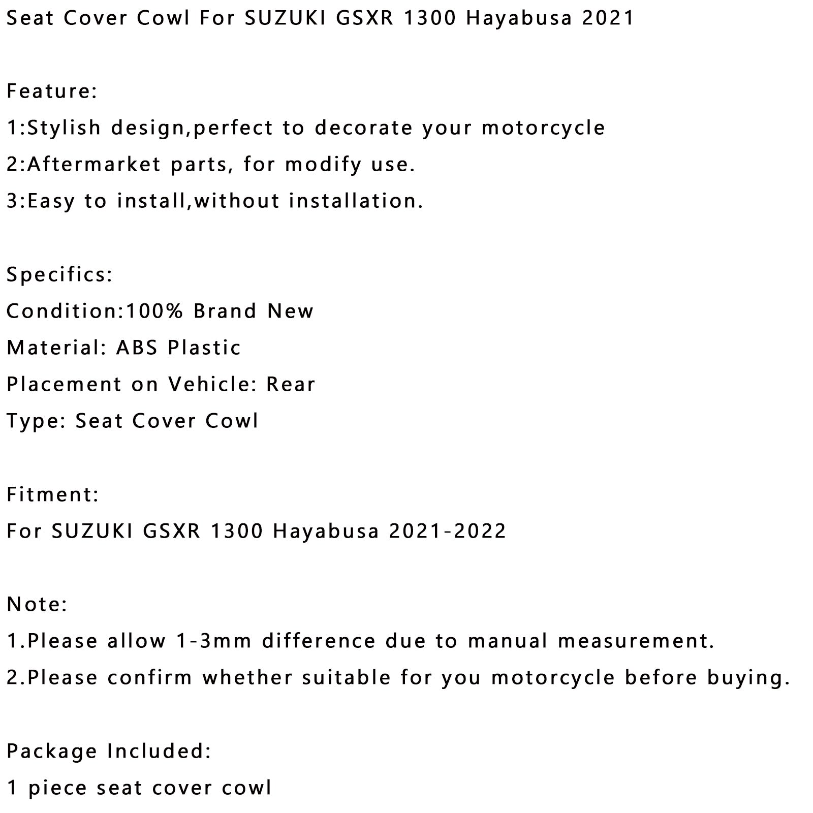 Rear Seat Fairing Cover For SUZUKI GSXR 1300 GSX-R1300 Hayabusa 2021-2022 Generic