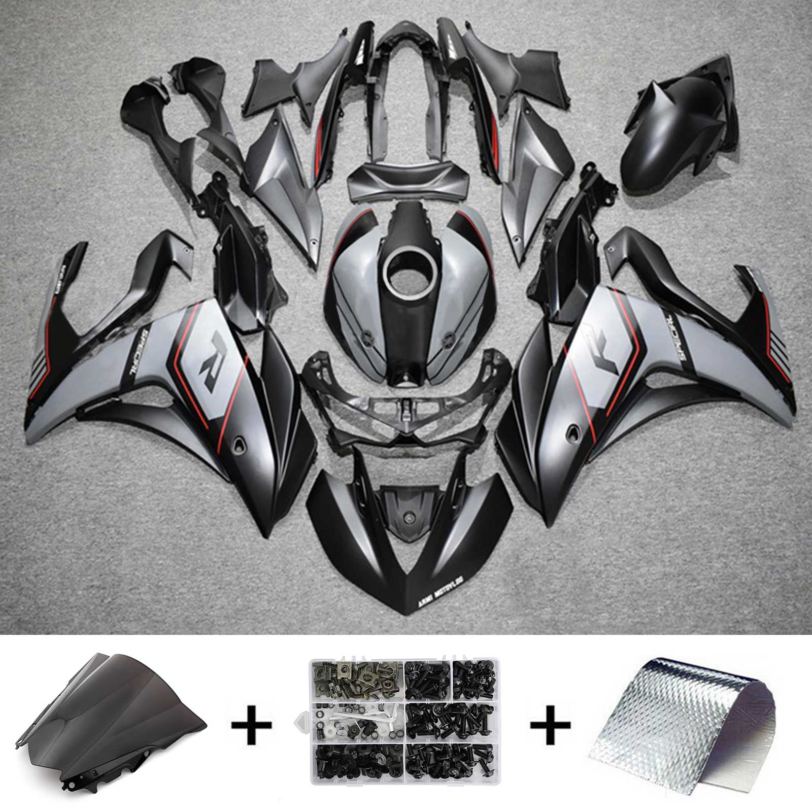 Kit de carenado Amotopart Yamaha 2014-2018 YZF R3 y 2015-2017 YZF R25 Kit de carenado negro mezclado gris